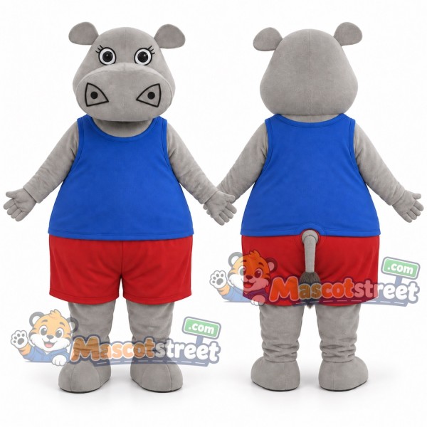 Gray Hippopotamus Mascot Costume with Blue Vest and Red Shorts