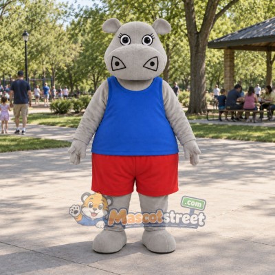 Gray Hippopotamus Mascot Costume with Blue Vest and Red Shorts