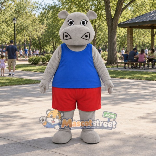 Gray Hippopotamus Mascot Costume with Blue Vest and Red Shorts