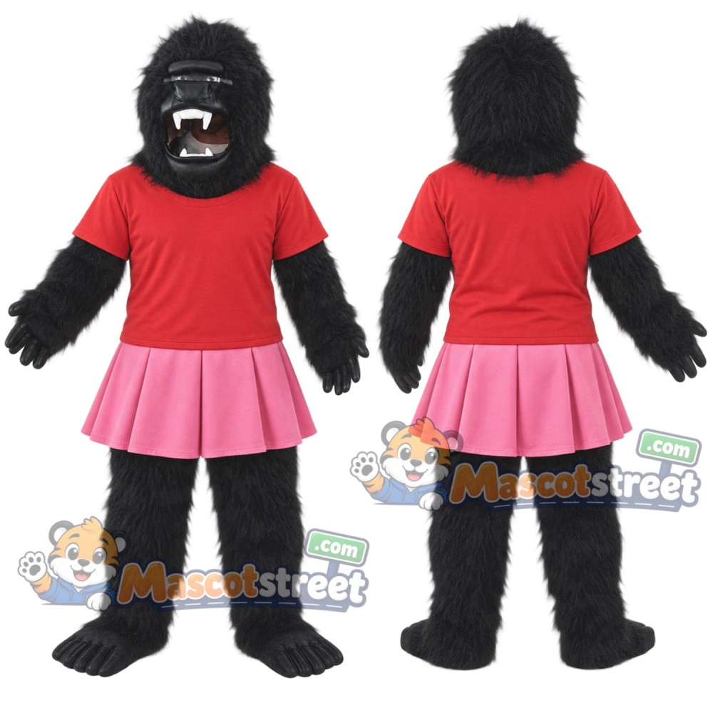 Black Gorilla Mascot Costume with Red Shirt and Pink Skirt