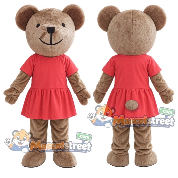 Brown Bear Mascot Costume with Red Dress