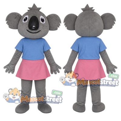 Gray Koala Mascot Costume with Blue Shirt and Pink Skirt