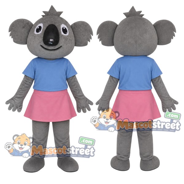Gray Koala Mascot Costume with Blue Shirt and Pink Skirt