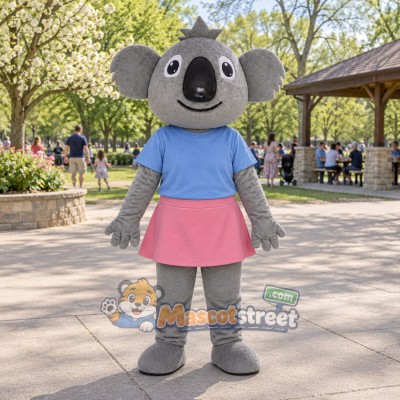 Gray Koala Mascot Costume with Blue Shirt and Pink Skirt Gray Koala Mascot Costume with Blue Shirt and Pink Skirt