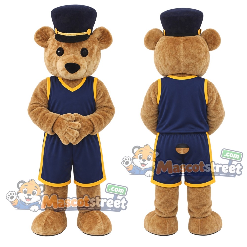 Brown Bear Mascot Costume with Navy Sports Uniform and Top Hat Brown Bear Mascot Costume with Navy Sports Uniform and Top Hat