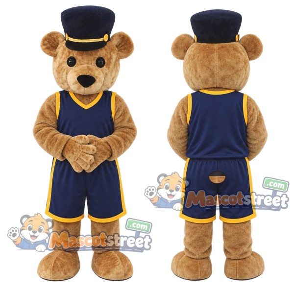 Brown Bear Mascot Costume with Navy Sports Uniform and Top Hat