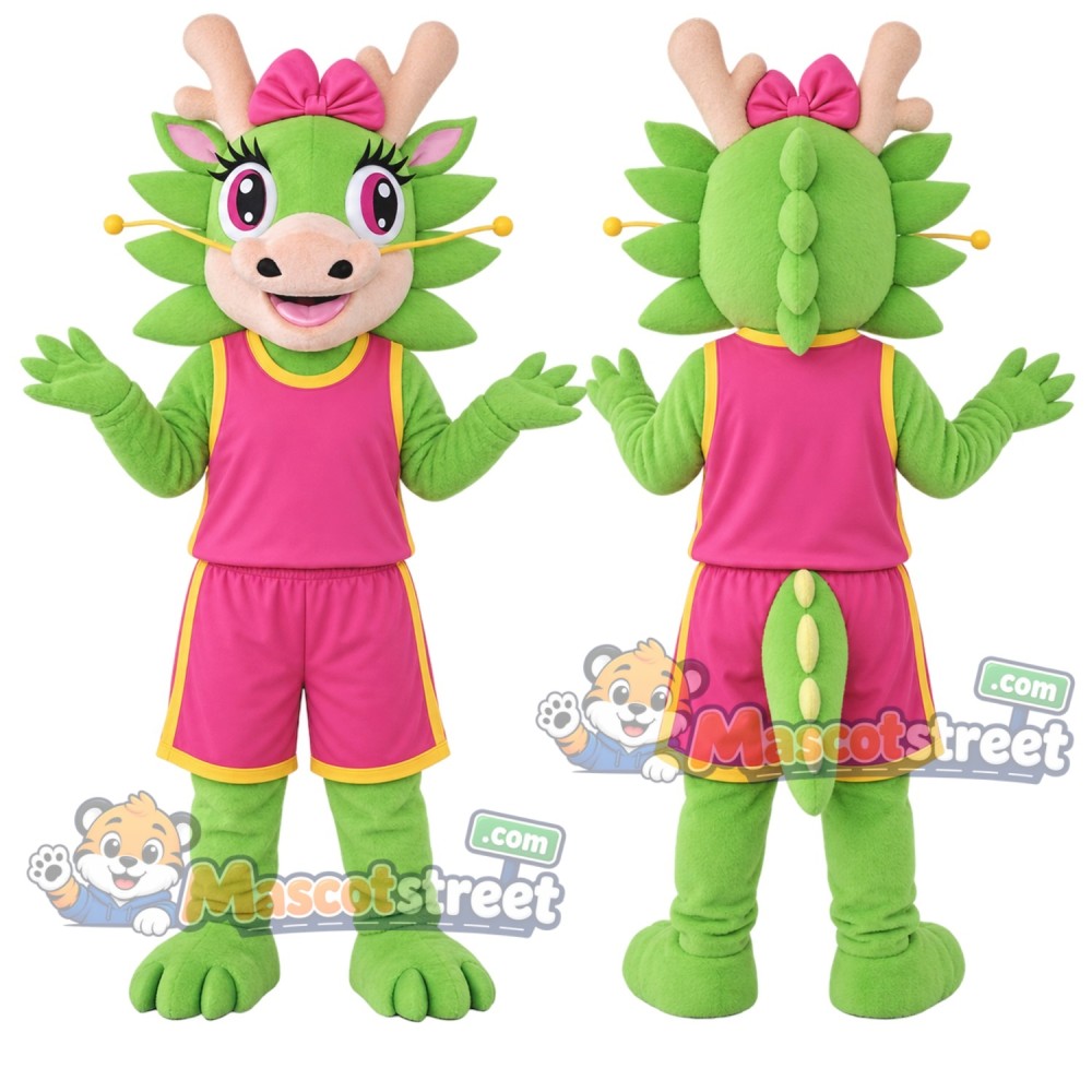 Green Dragon Mascot Costume with Pink Sports Uniform