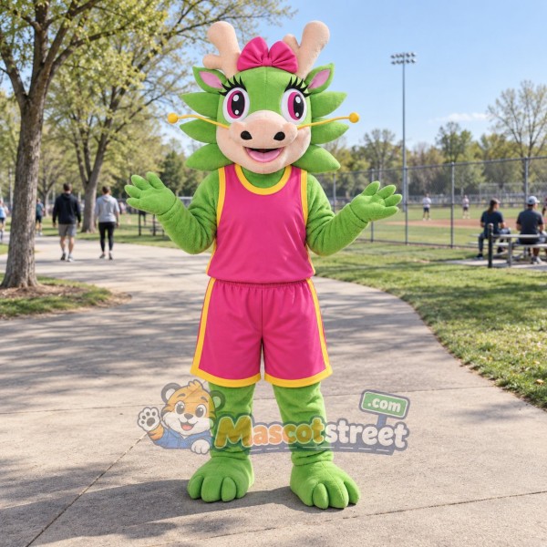 Green Dragon Mascot Costume with Pink Sports Uniform Green Dragon Mascot Costume with Pink Sports Uniform