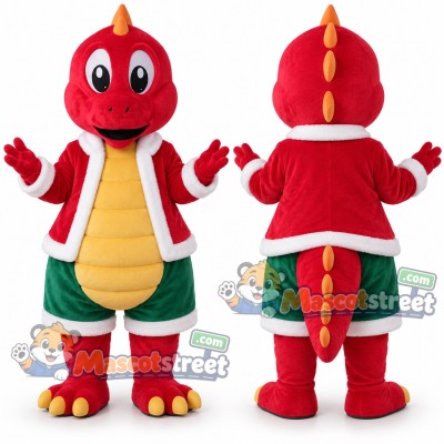 Red Dinosaur Mascot Costume with Santa Jacket and Green Shorts