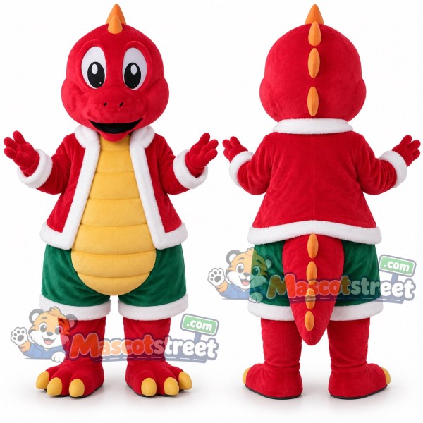 Red Dinosaur Mascot Costume with Santa Jacket and Green Shorts