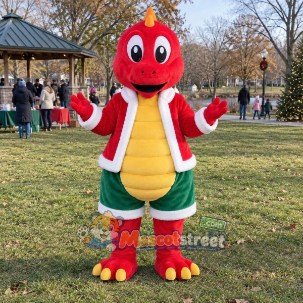 Red Dinosaur Mascot Costume with Santa Jacket and Green Shorts