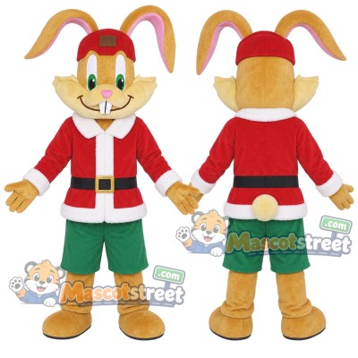 Tan Rabbit Mascot Costume with Santa Jacket and Green Shorts