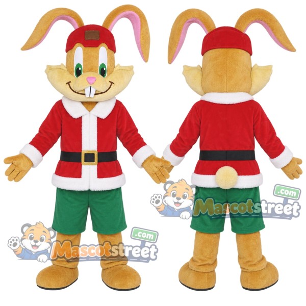 Tan Rabbit Mascot Costume with Santa Jacket and Green Shorts