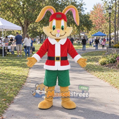 Tan Rabbit Mascot Costume with Santa Jacket and Green Shorts Tan Rabbit Mascot Costume with Santa Jacket and Green Shorts