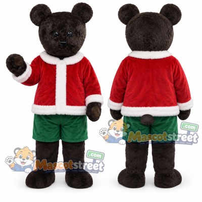Black Bear Mascot Costume with Santa Jacket and Green Shorts Black Bear Mascot Costume with Santa Jacket and Green Shorts