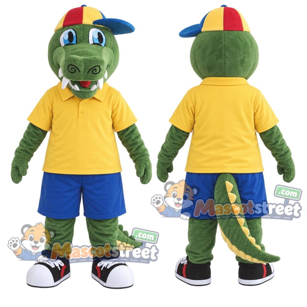 Green Crocodile Mascot Costume with Yellow Shirt, Blue Shorts and Multicolor Cap Green Crocodile Mascot Costume with Yellow Shirt, Blue Shorts and Multicolor Cap