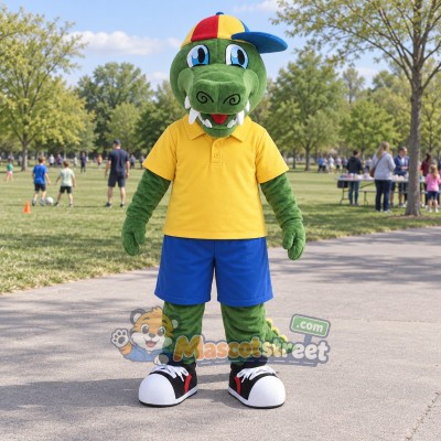 Green Crocodile Mascot Costume with Yellow Shirt, Blue Shorts and Multicolor Cap