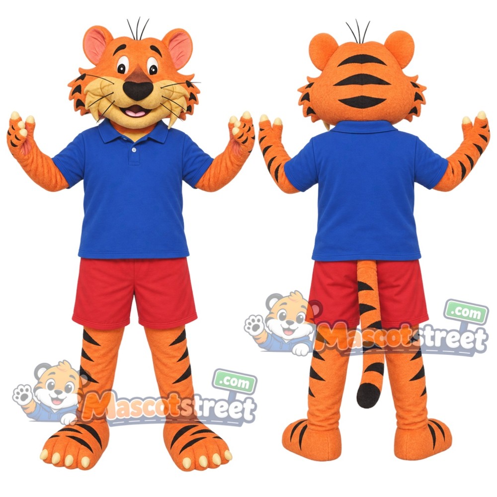 Orange Tiger Mascot Costume with Blue Shirt and Red Shorts Orange Tiger Mascot Costume with Blue Shirt and Red Shorts