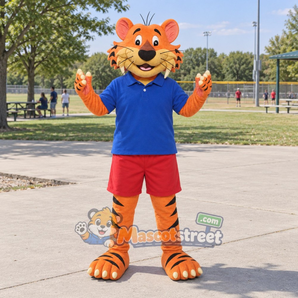 Orange Tiger Mascot Costume with Blue Shirt and Red Shorts Orange Tiger Mascot Costume with Blue Shirt and Red Shorts