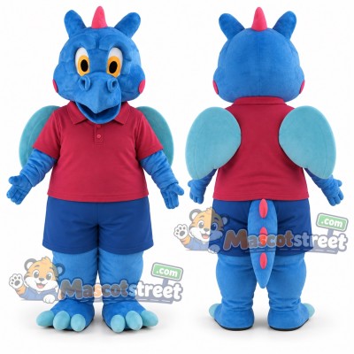 Blue Dragon Mascot Costume with Red Shirt and Blue Shorts Blue Dragon Mascot Costume with Red Shirt and Blue Shorts