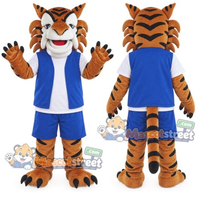 Orange Tiger Mascot Costume with Blue Vest and Blue Shorts