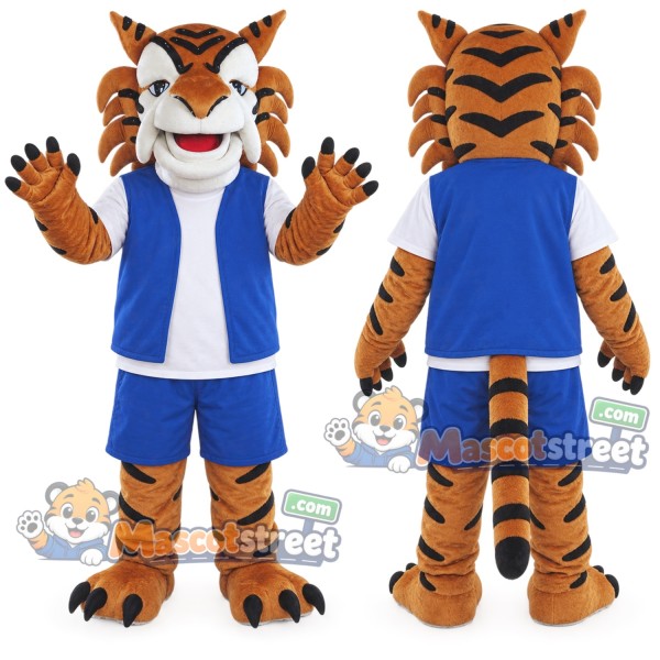 Orange Tiger Mascot Costume with Blue Vest and Blue Shorts