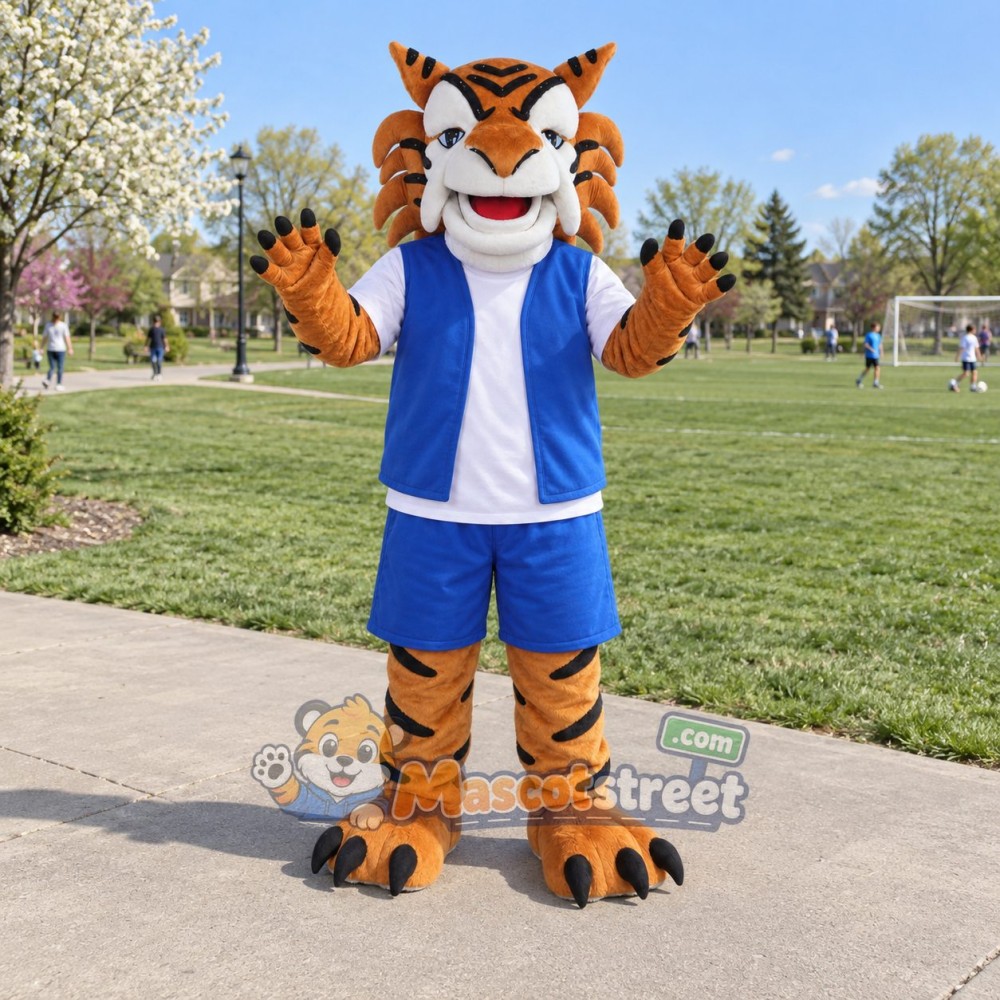 Orange Tiger Mascot Costume with Blue Vest and Blue Shorts