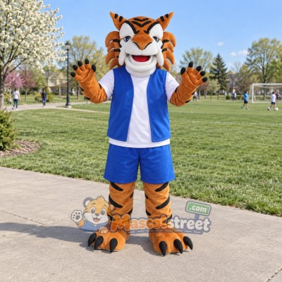 Orange Tiger Mascot Costume with Blue Vest and Blue Shorts
