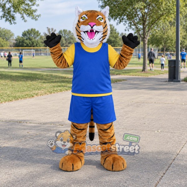Orange Tiger Mascot Costume with Blue Sports Uniform