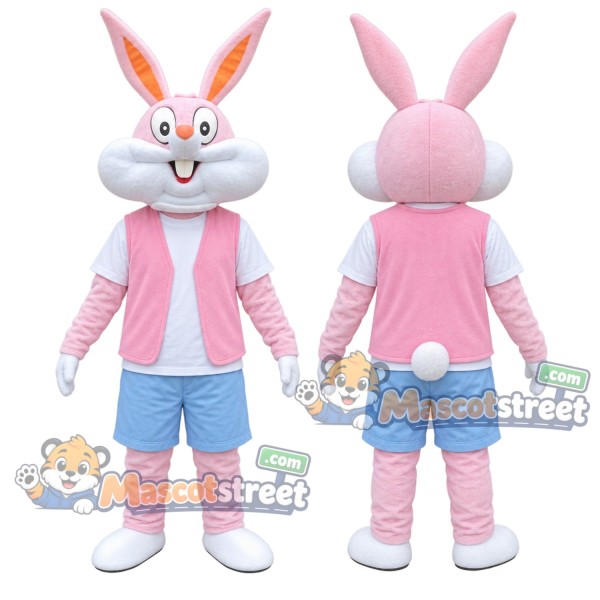 White and Pink Rabbit Mascot Costume with Pink Vest and Blue Shorts