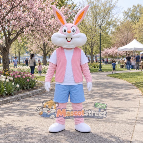 White and Pink Rabbit Mascot Costume with Pink Vest and Blue Shorts