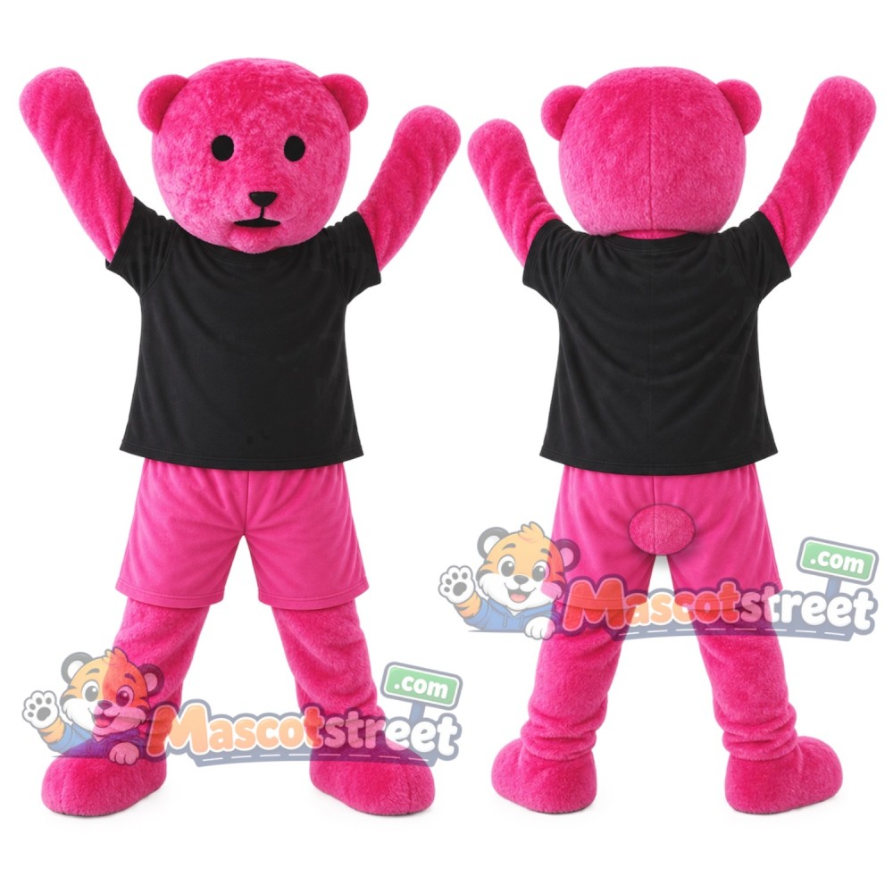 Pink Bear Mascot Costume with Black Shirt and Pink Shorts Pink Bear Mascot Costume with Black Shirt and Pink Shorts