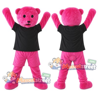 Pink Bear Mascot Costume with Black Shirt and Pink Shorts Pink Bear Mascot Costume with Black Shirt and Pink Shorts
