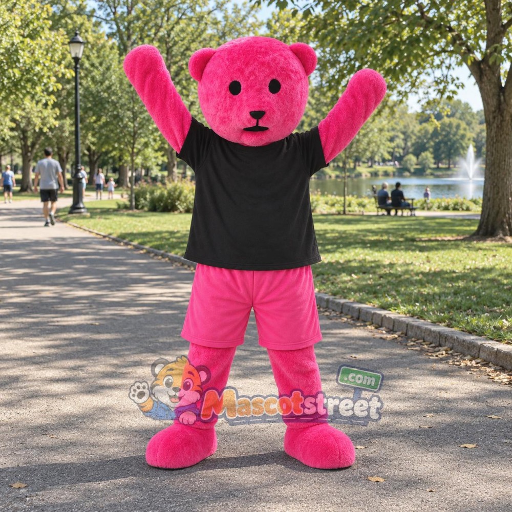 Pink Bear Mascot Costume with Black Shirt and Pink Shorts