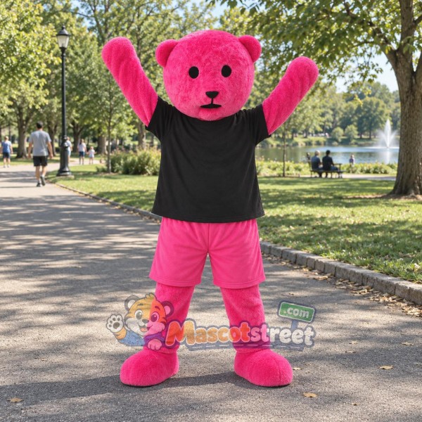 Pink Bear Mascot Costume with Black Shirt and Pink Shorts