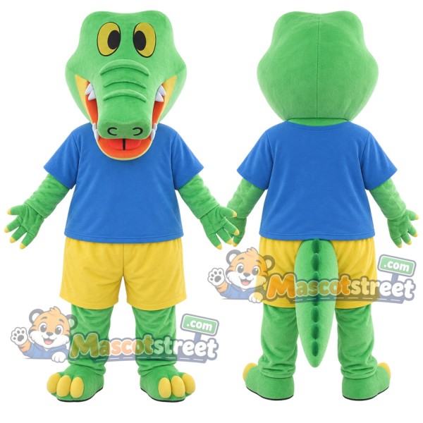 Green Crocodile Mascot Costume with Blue Shirt and Yellow Shorts