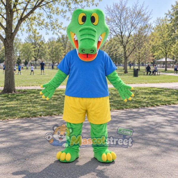 Green Crocodile Mascot Costume with Blue Shirt and Yellow Shorts Green Crocodile Mascot Costume with Blue Shirt and Yellow Shorts
