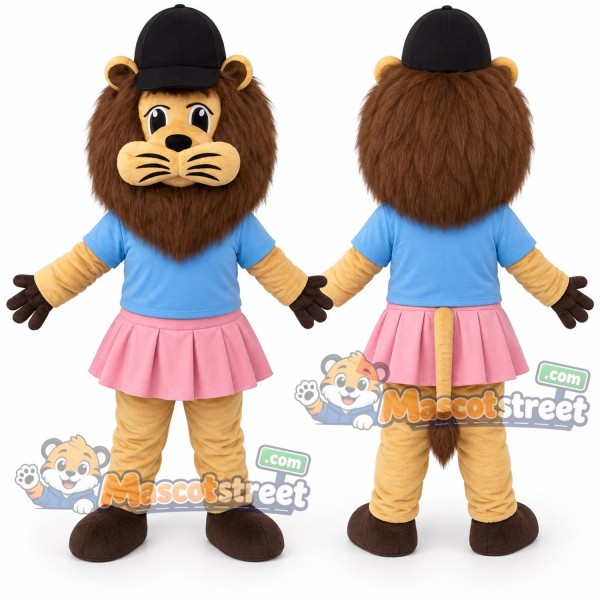 Brown Lion Mascot Costume with Blue Shirt, Pink Skirt and Black Hat