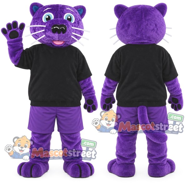 Purple Panther Mascot Costume with Black Shirt and Purple Shorts