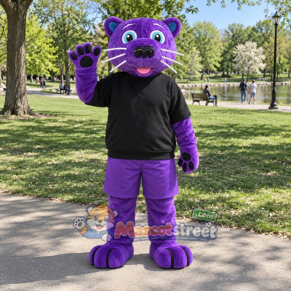 Purple Panther Mascot Costume with Black Shirt and Purple Shorts Purple Panther Mascot Costume with Black Shirt and Purple Shorts