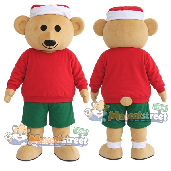 Tan Bear Mascot Costume with Red Shirt, Green Shorts and Santa Hat