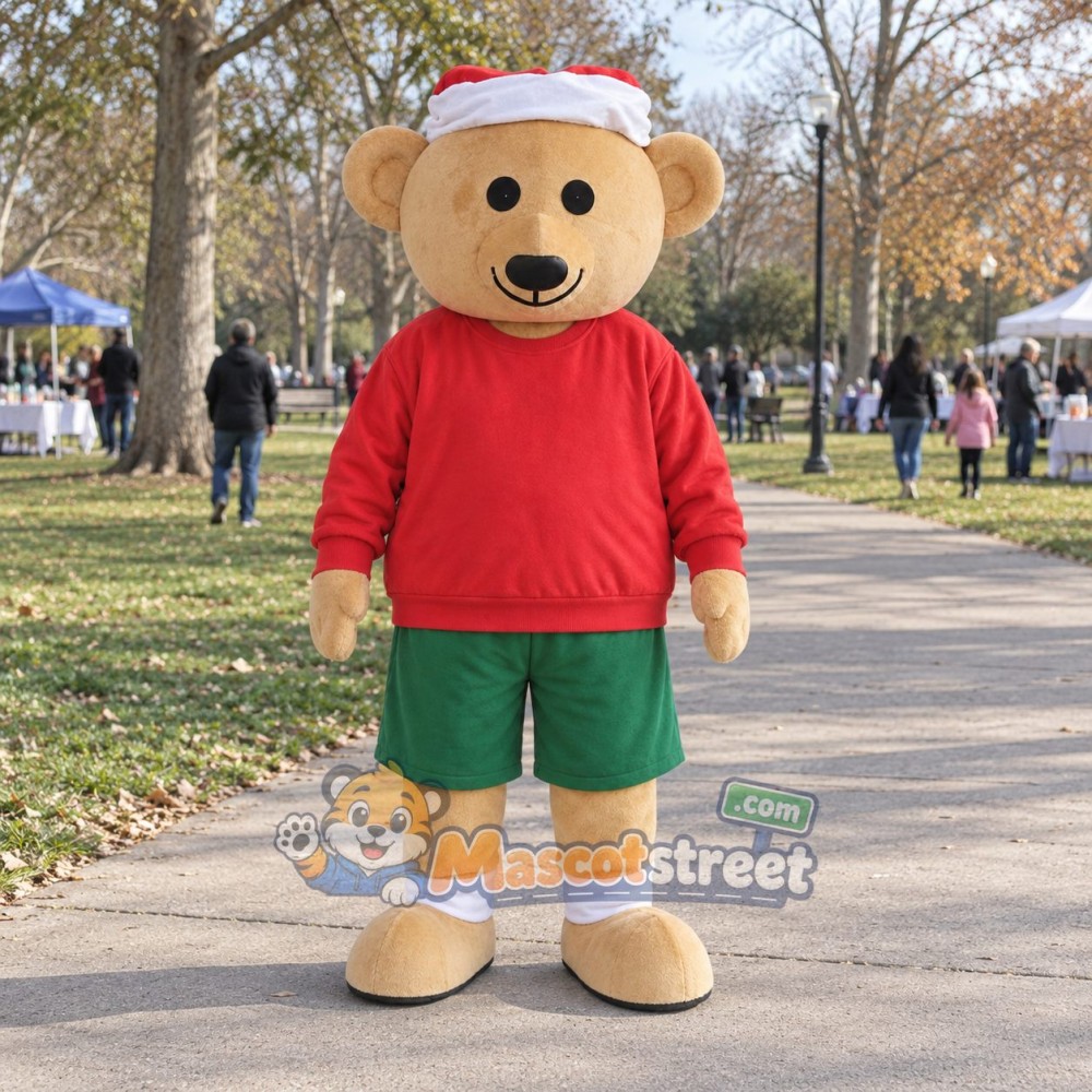 Tan Bear Mascot Costume with Red Shirt, Green Shorts and Santa Hat Tan Bear Mascot Costume with Red Shirt, Green Shorts and Santa Hat