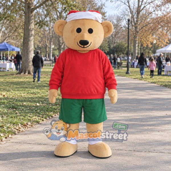 Tan Bear Mascot Costume with Red Shirt, Green Shorts and Santa Hat