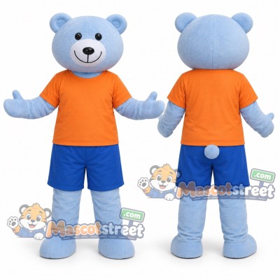 Light Blue Bear Mascot Costume with Orange Shirt and Blue Shorts Light Blue Bear Mascot Costume with Orange Shirt and Blue Shorts