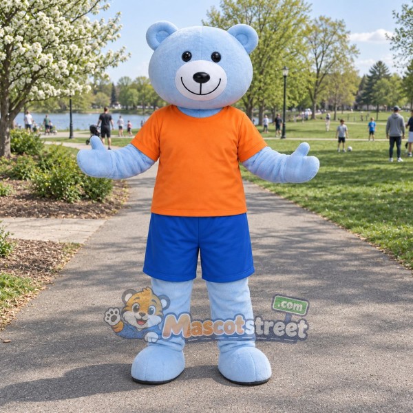 Light Blue Bear Mascot Costume with Orange Shirt and Blue Shorts Light Blue Bear Mascot Costume with Orange Shirt and Blue Shorts