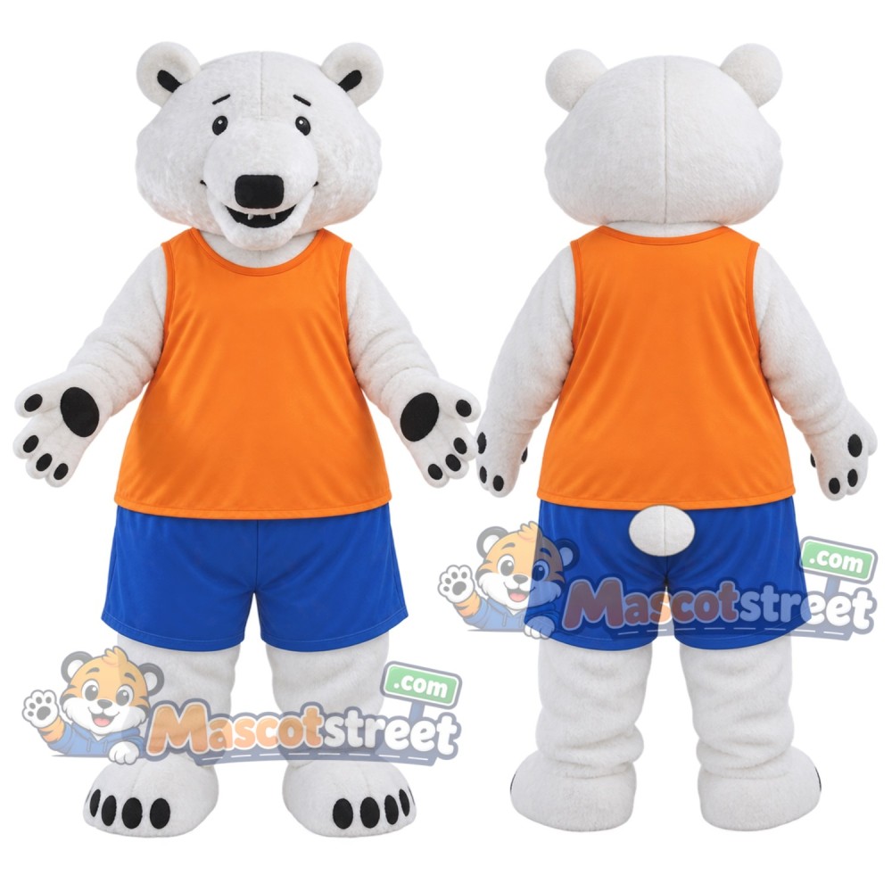 White Polar Bear Mascot Costume with Orange Vest and Blue Shorts
