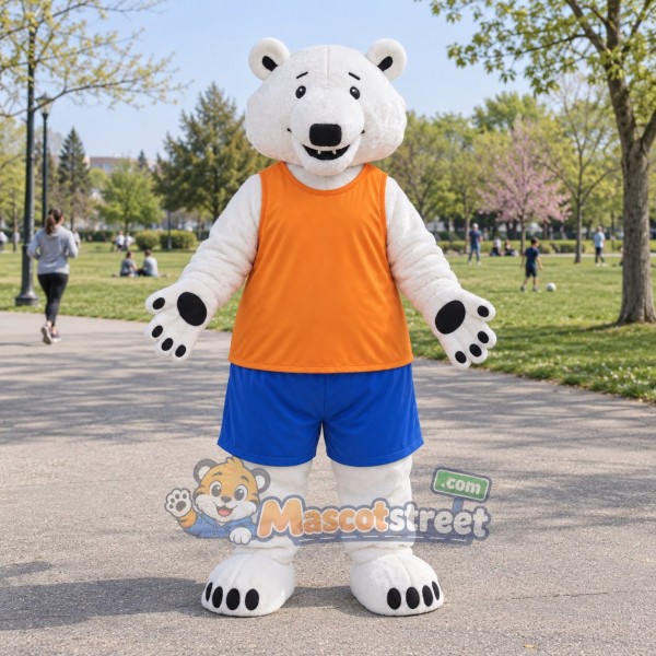 White Polar Bear Mascot Costume with Orange Vest and Blue Shorts