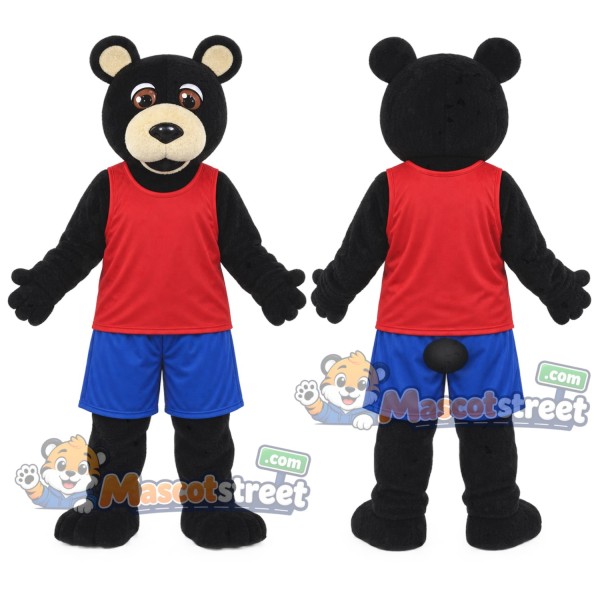 Black Bear Mascot Costume with Red Vest and Blue Shorts