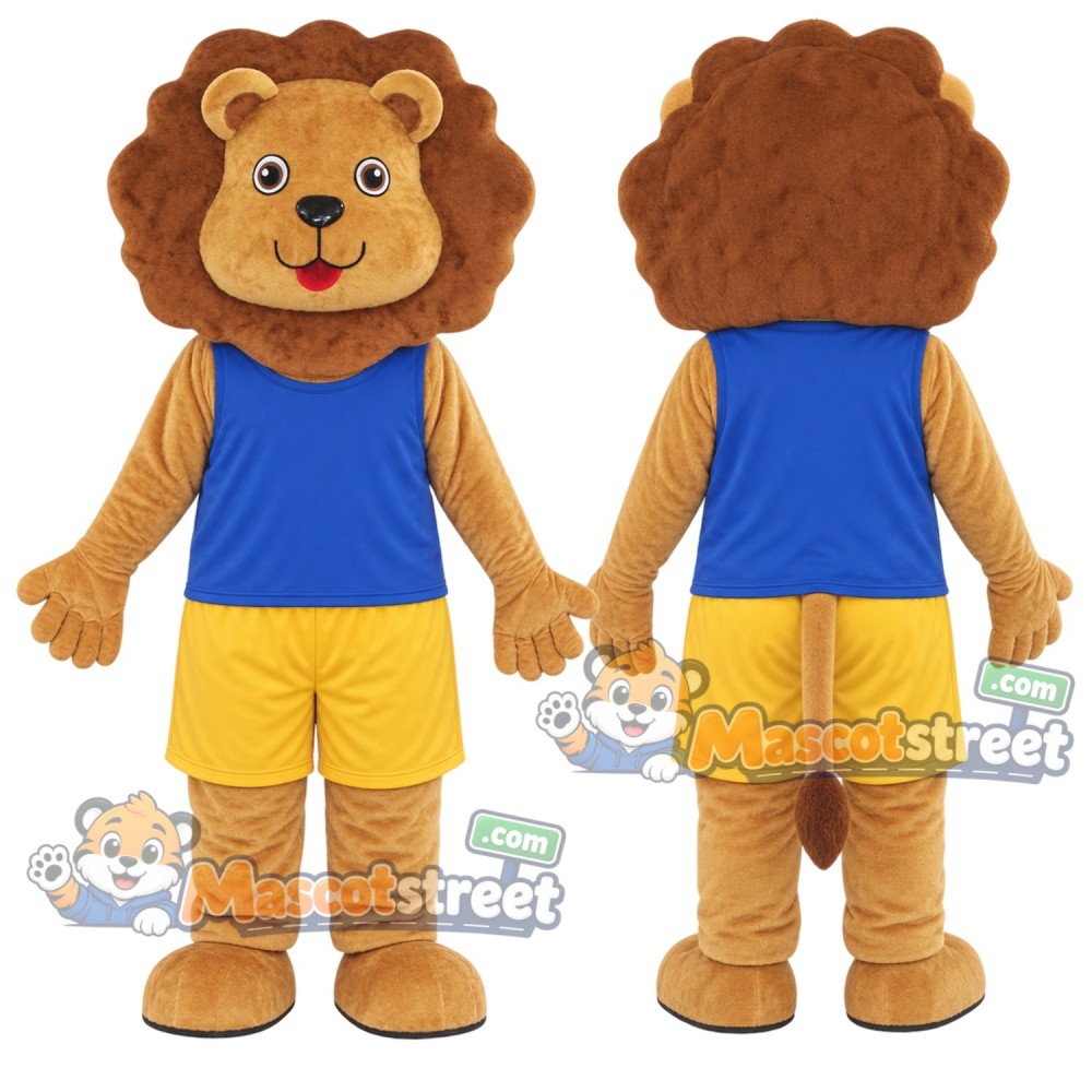 Brown Lion Mascot Costume with Blue Vest and Yellow Shorts