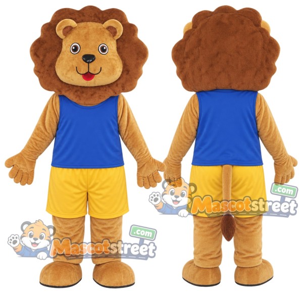 Brown Lion Mascot Costume with Blue Vest and Yellow Shorts